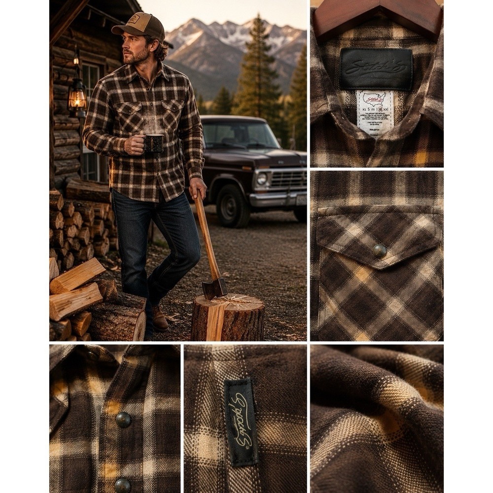 Brown Plaid Pearl Snap Western Flannel Shirt‎ Leather Logo Patch Cotton Mens M